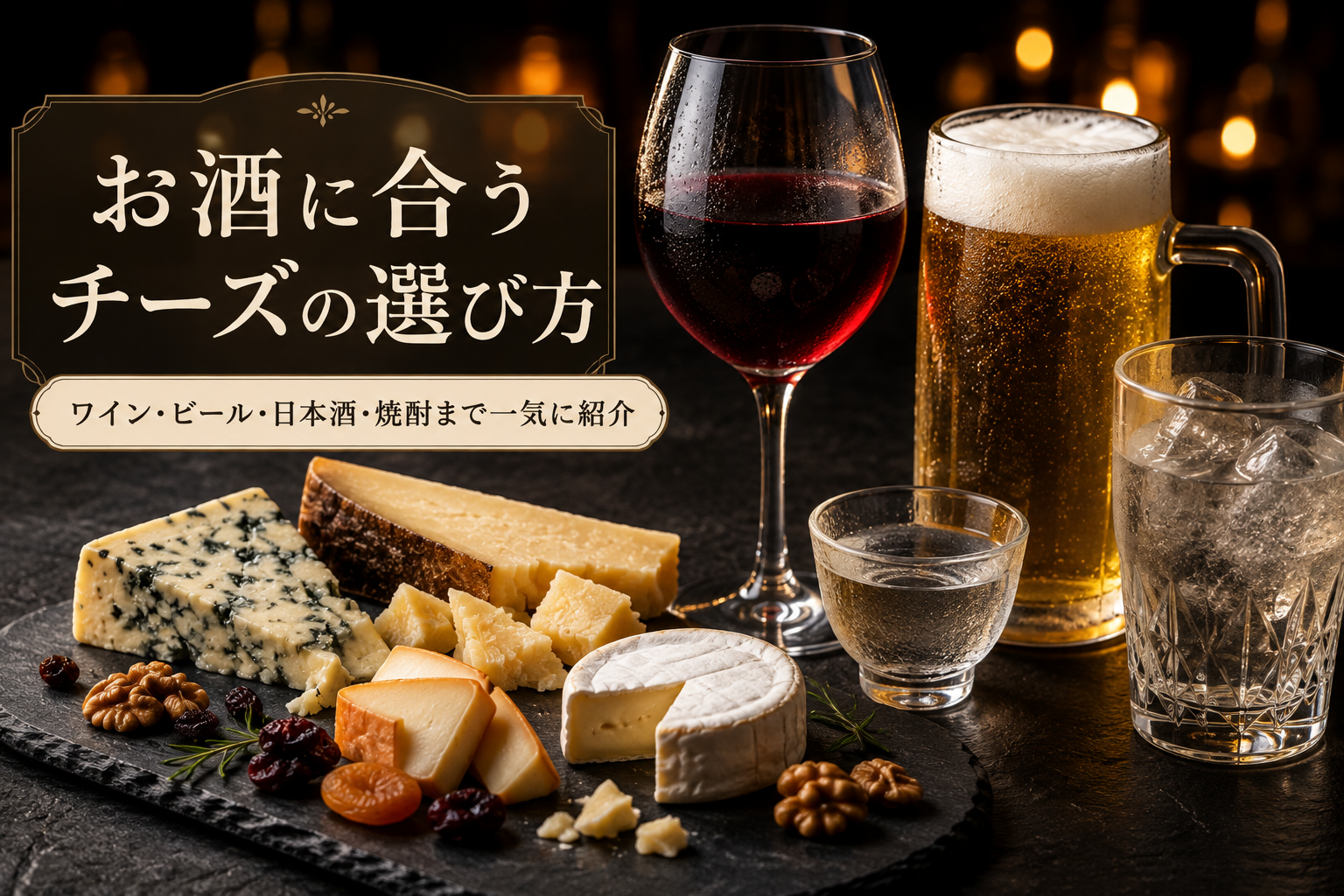 暗いバーの雰囲気の中で並ぶ赤ワイン・ビール・日本酒・焼酎のグラスとチーズ