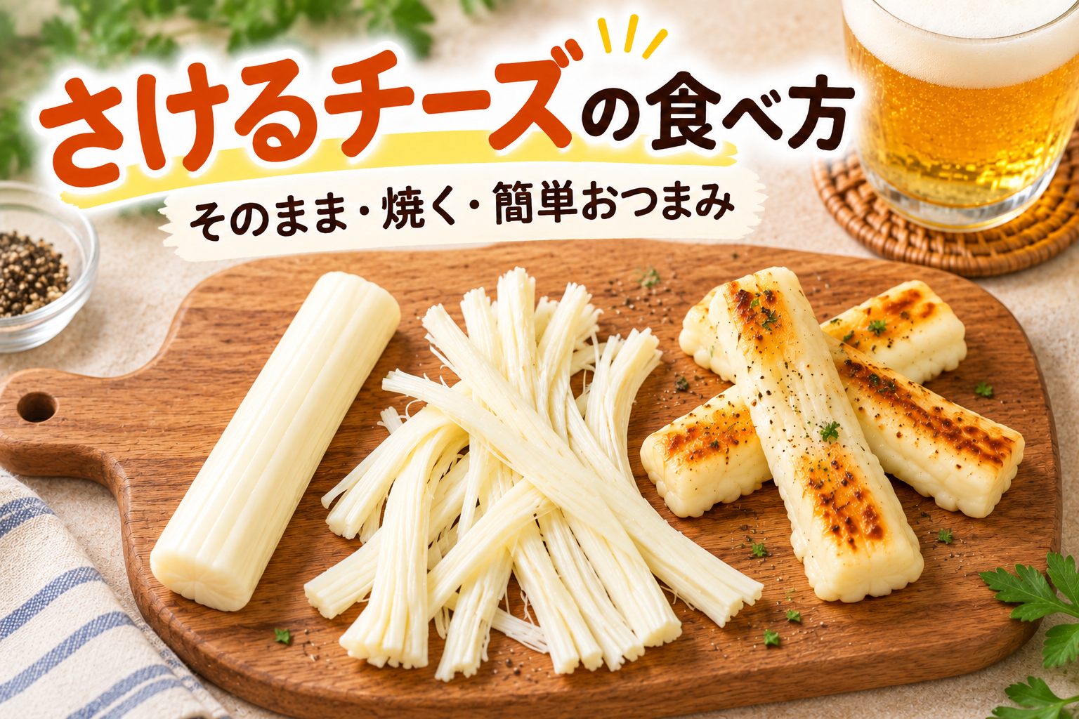木製のまな板に並ぶ、そのままのさけるチーズ・繊維状に裂いたさけるチーズ・焼き目をつけたさけるチーズと、ビールのグラス