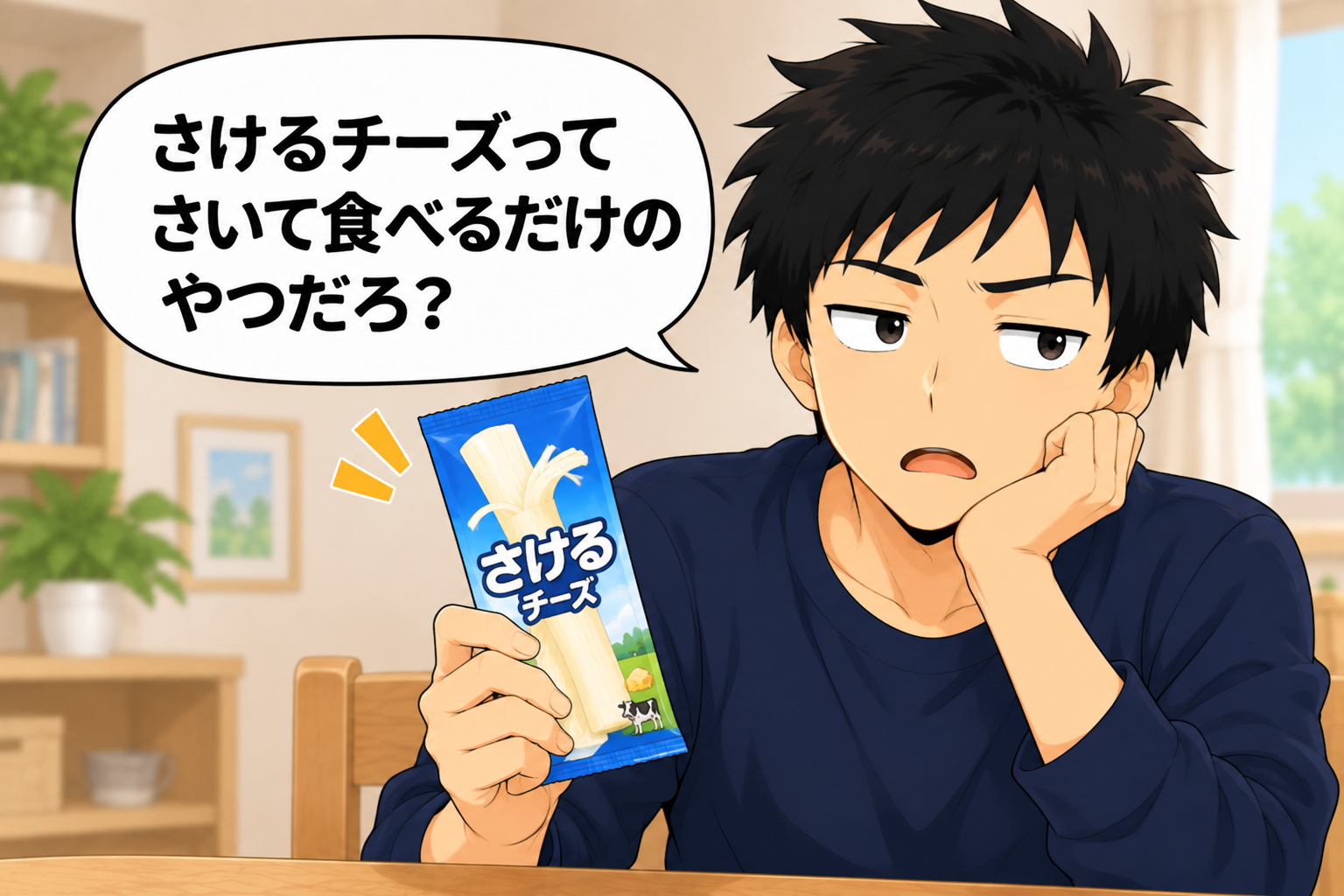 さけるチーズを手に、そのまま食べるだけだと思っているタカシ