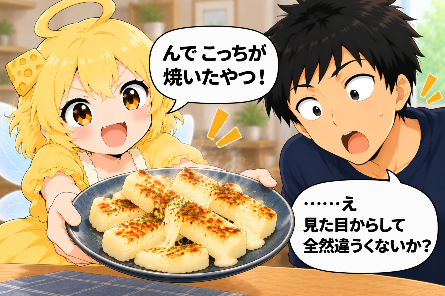 焼いたさけるチーズを見せられて見た目の違いに驚くタカシ