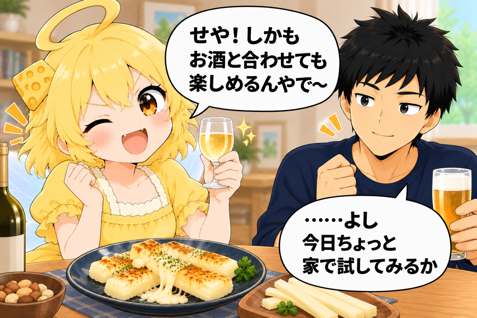お酒との相性を伝えるチーちゃんと、今日試してみようと頷くタカシ