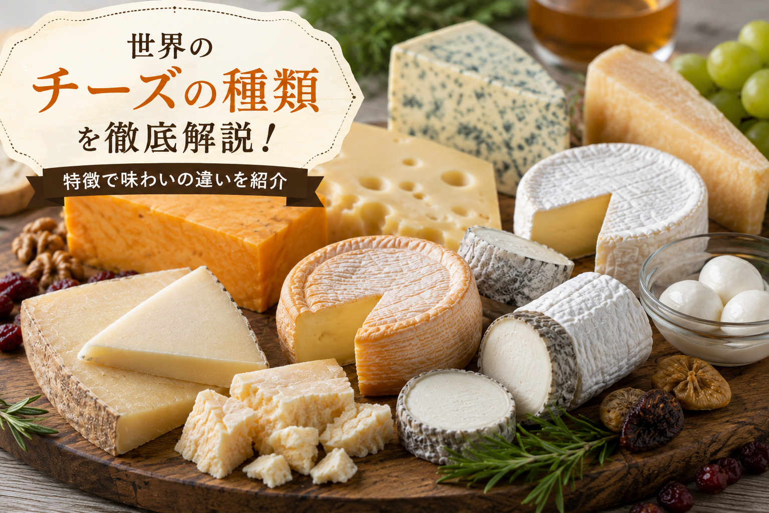 さまざまな種類のチーズが並んだ様子