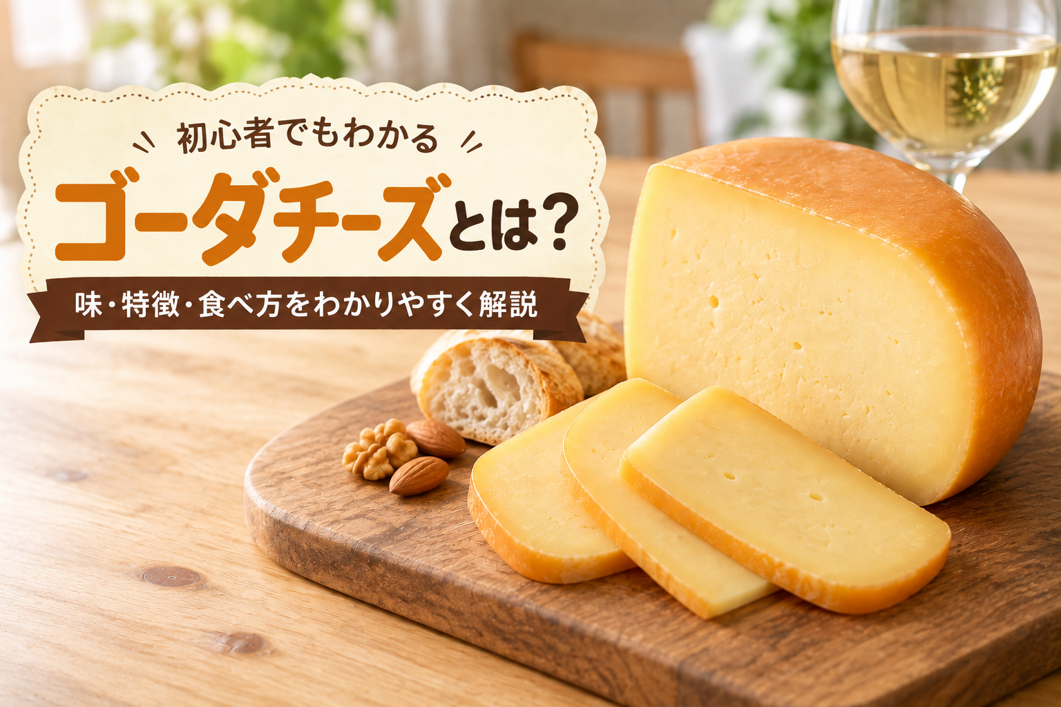 丸みを帯びたゴーダチーズの塊とカットした断面・スライスを木製のカッティングボードに並べた様子。まわりに薄切りバゲット、くるみとアーモンド、白ワインのグラス。明るい木のテーブルと自然光