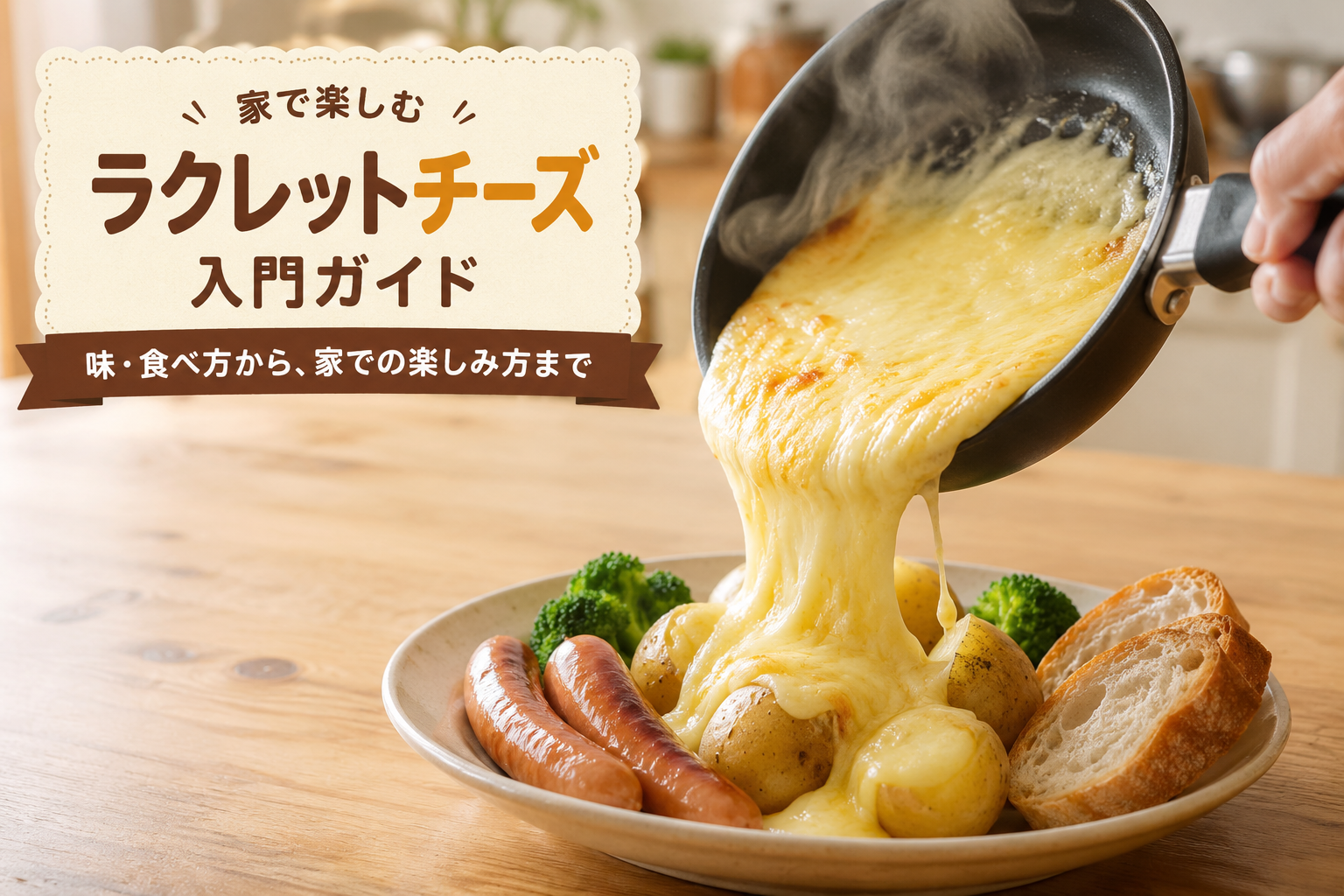 家庭用の小さなフライパンを傾け、とろけたラクレットチーズを皮つきのゆでじゃがいもにかけている様子。まわりに焼いたソーセージ、ブロッコリー、薄切りバゲット。明るい木のテーブル